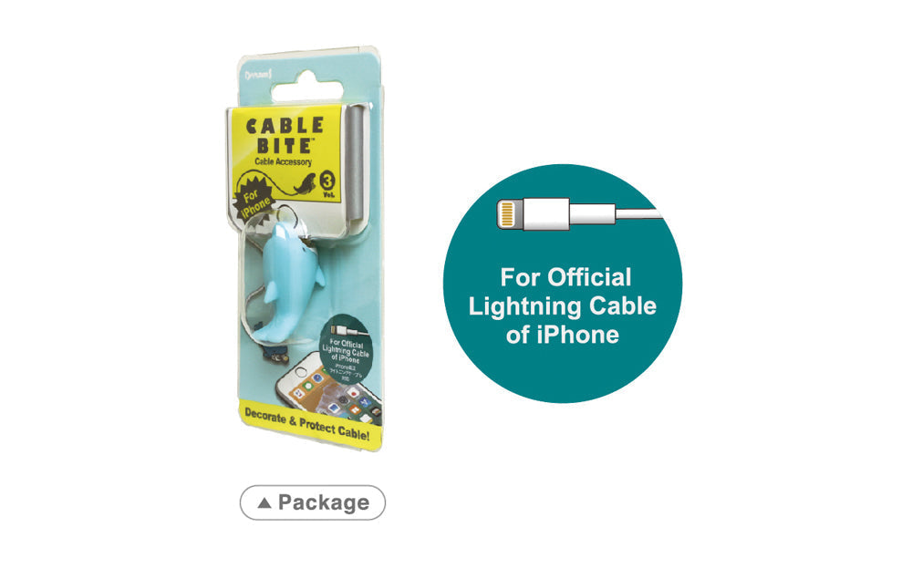 Image shows Cable Bite Vol. 3- Dolphin in product packaging on a white background beside text that reads "For Official Lightning Cable of iPhone"