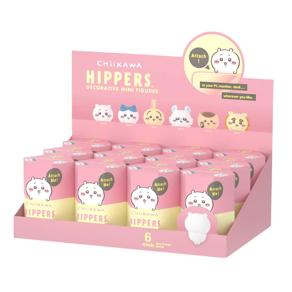 Chiikawa HIPPERS product image shows the Chiikawa HIPPERS in their product display box. Product display box shows all product variants for the Chiikawa HIPPERS. Chiikawa HIPPERs themed in pink and light yellow and prominently displays the main character Chiikawa